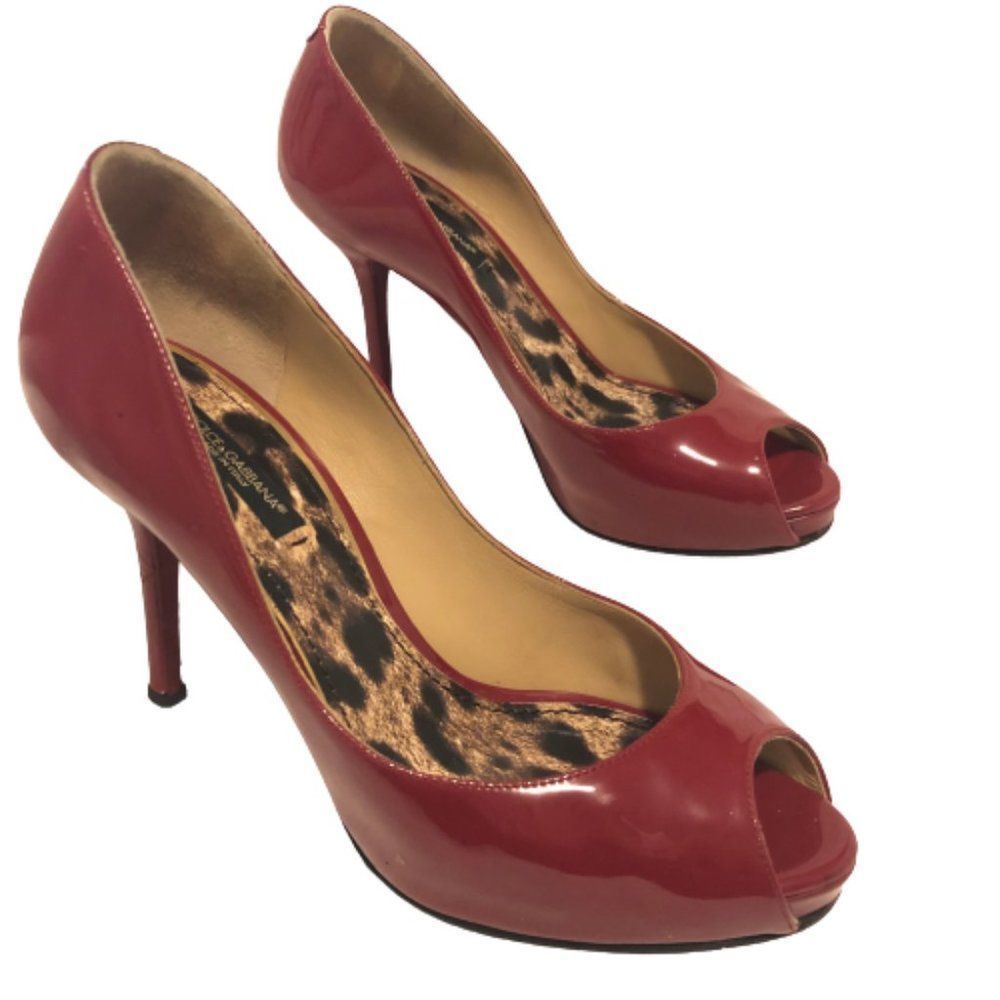Authentic Dolce & Gabbana Size 36 Red Patent Leather Peep Toe High Heel Shoes